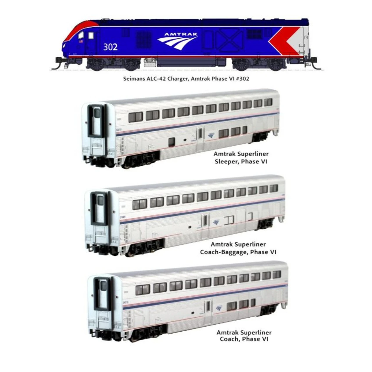 Kato 10-1788 - ALC-42 & Superliner Phase VI 4-Unit “Starter Series” Set Amtrak (AMTK) - N Scale 3 Kato 10-1788 - ALC-42 & Superliner Phase VI 4-Unit “Starter Series” Set Amtrak (AMTK) - N Scale