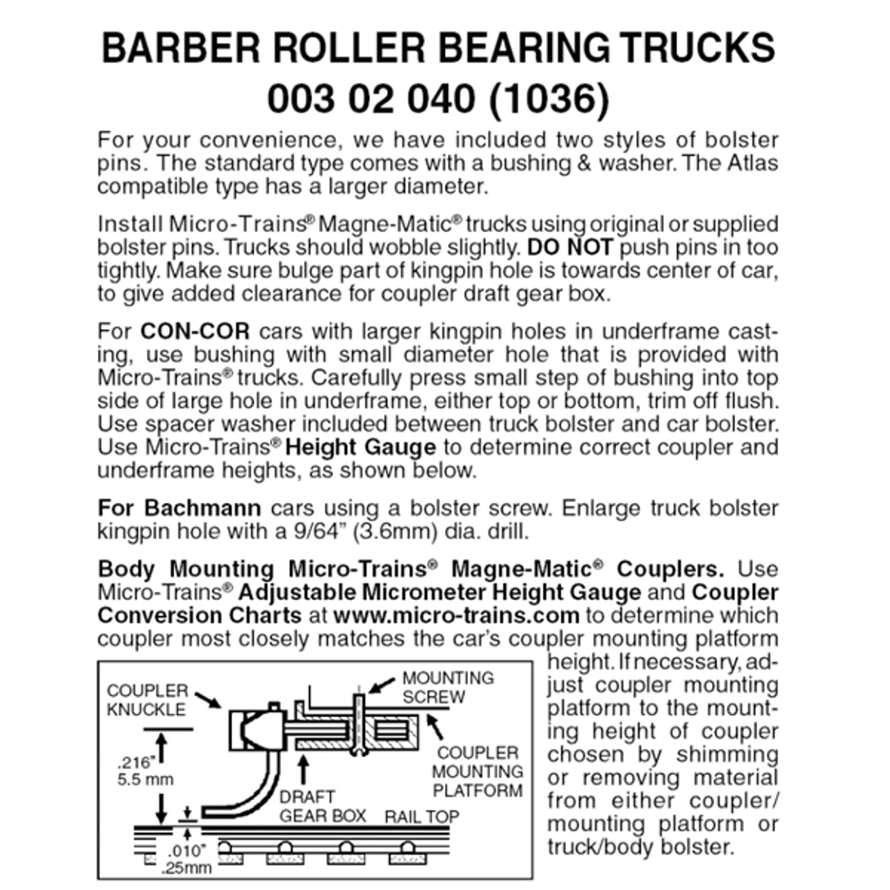 Micro-Trains 00302040 - Barber Roller Bearing Trucks Without Couplers (1036) 1 Pair 3 Micro-Trains 00302040 - Barber Roller Bearing Trucks Without Couplers (1036) 1 Pair