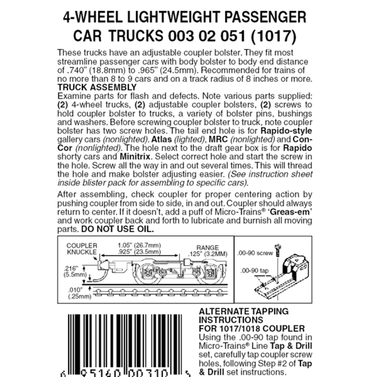 Micro-Trains 00302051 - 4-Wheel Passenger Car Trucks With Adjustable Couplers (1017) 1 Pair 3 Micro-Trains 00302051 - 4-Wheel Passenger Car Trucks With Adjustable Couplers (1017) 1 Pair