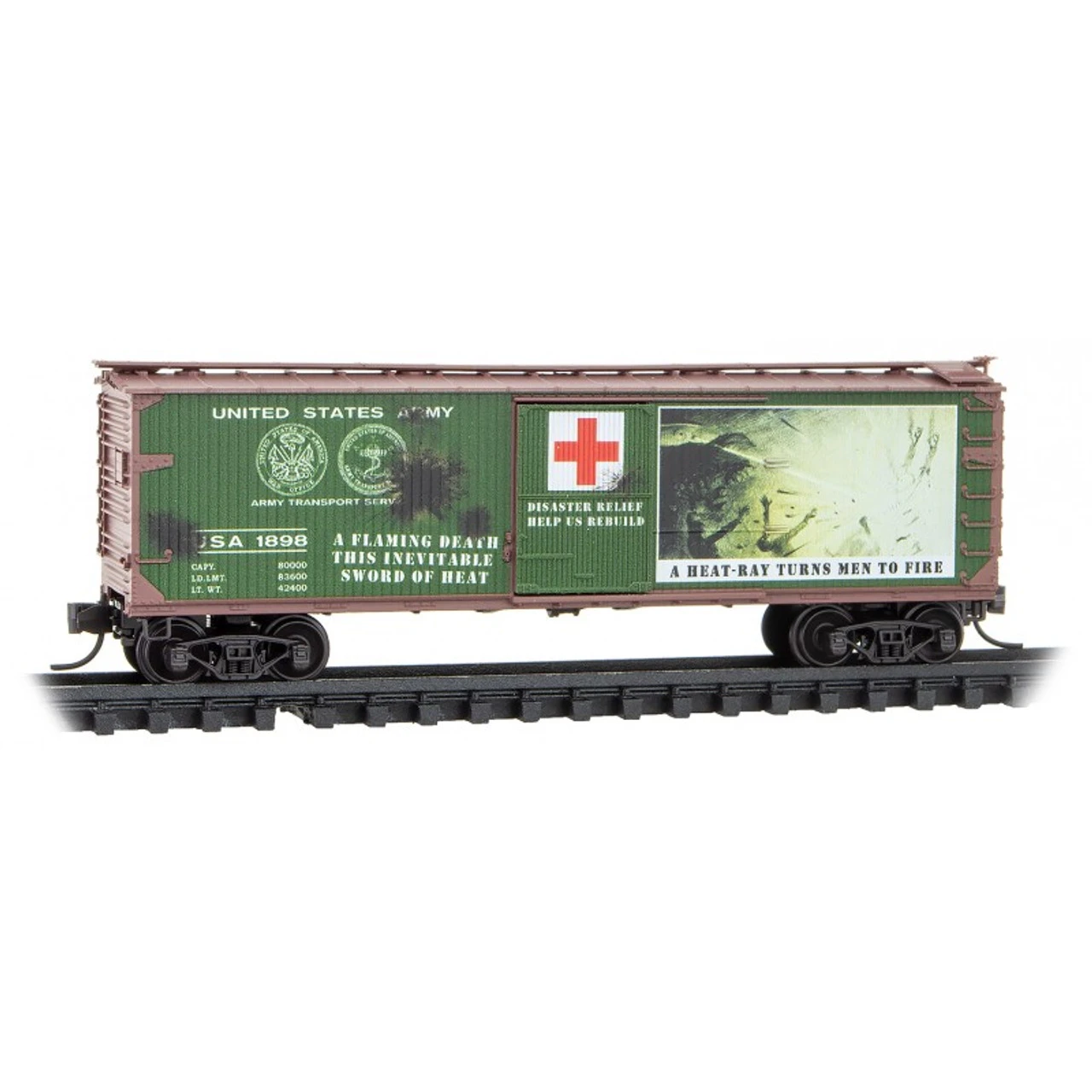 Micro-Trains Line 03900272 - 40' Double-Sheath Wood Box Car United States Army (USA) War Of The Worlds Car #3 - N Scale 3 Micro-Trains Line 03900272 - 40' Double-Sheath Wood Box Car United States Army (USA) War Of The Worlds Car #3 - N Scale
